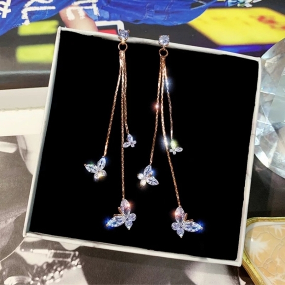 Rose Gold Butterfly Drop Elegant Earrings - Picture 1 of 8